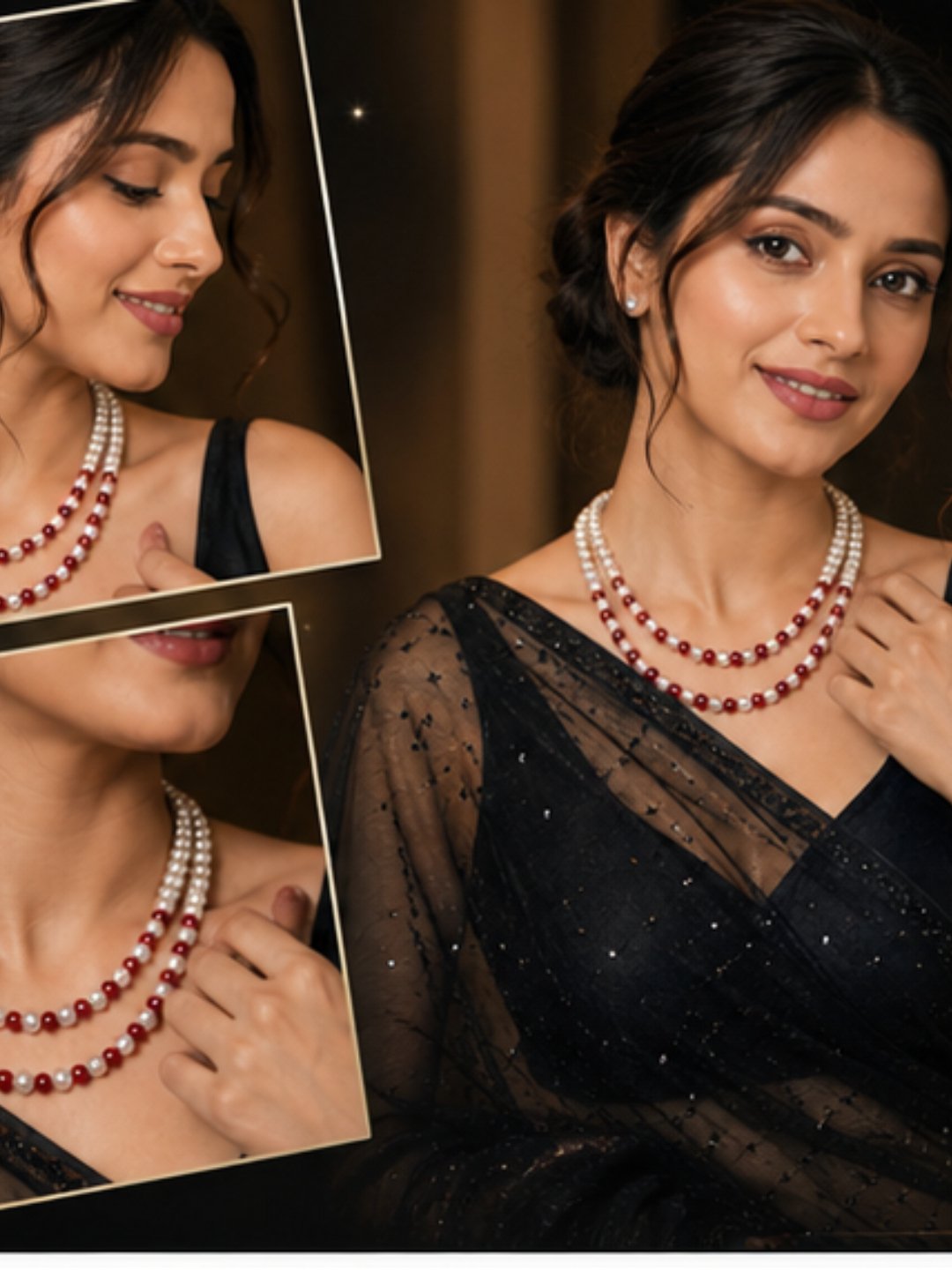 Red Pearl Double Strand Necklace Set for Women